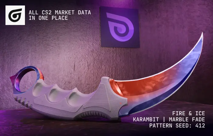CS2 Karambit Fire & Ice Marble Fade knife with a rare red and blue gradient pattern and no visible yellow on the blade, showcasing one of the most valuable and sought-after Karambit Marble Fade finishes in Counter-Strike 2.