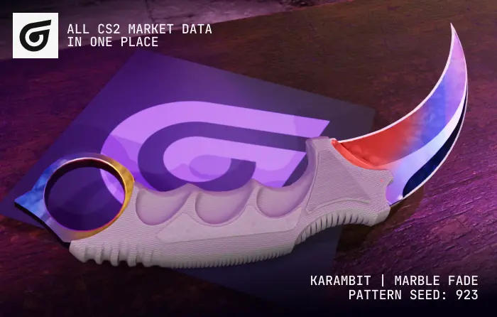 Karambit Marble Fade knife in CS2 with a curved blade featuring a red, blue, and white Fire & Ice style gradient pattern, displayed on a purple background with the text “Karambit | Marble Fade Pattern Seed: 923.