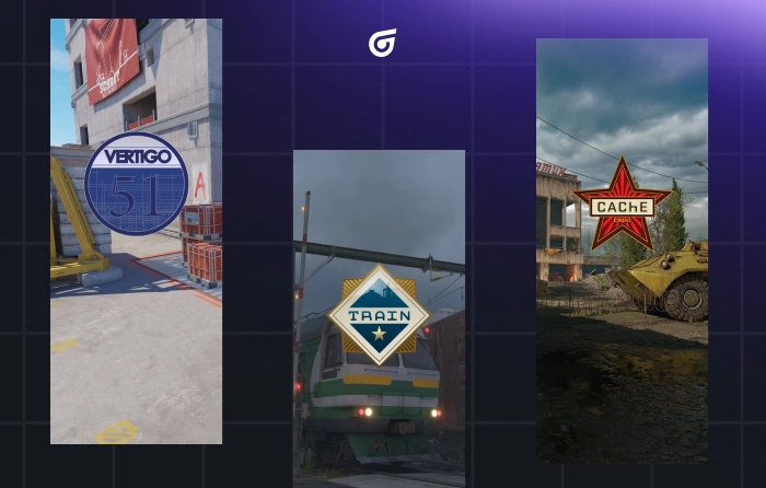 Artwork showcasing the Reserve Maps in CS2 outside the Active Duty pool, including Vertigo, Train, and Cache. The image represents Counter-Strike 2 reserve maps available mainly in Competitive matchmaking but excluded from official esports tournaments. Vertigo is depicted as a skyscraper construction site with vertical gameplay, narrow corridors, dangerous ledges, and rooftop scenery. Train appears with its fully reworked CS2 visuals, featuring freight trains, industrial environments, upgraded textures, and a dark rainy atmosphere after being replaced by Anubis in January 2026. Cache is shown as the highly anticipated unreleased CS2 remaster by FMPONE, representing the classic industrial map the community eagerly awaits despite it not being officially available in matchmaking as of April 2026.