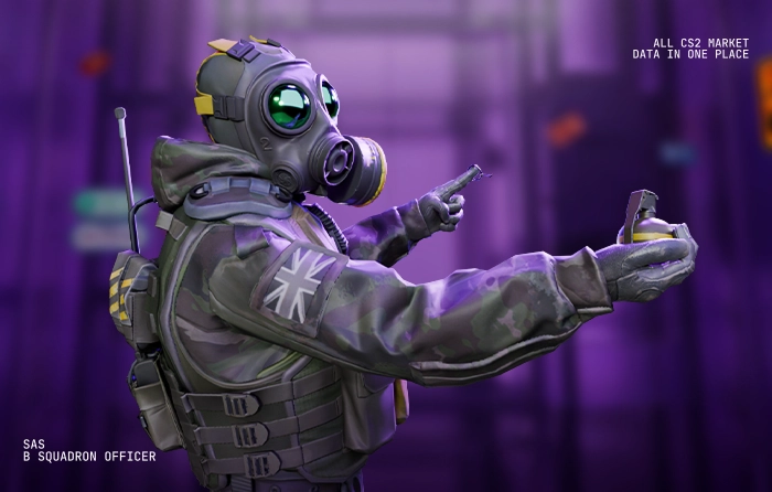B Squadron Officer | SAS CS2 operator skin featuring the classic British Special Air Service look with dark tactical gear, a black gas mask, and a stealth-focused military appearance. This Counter-Terrorist agent is a popular choice among players searching for CS2 agent skins, CT skins, and CT agent skins thanks to his clean, minimalist design and affordable price. The muted color palette and elite special forces aesthetic make him one of the most recognizable counter strike operator skins, while his tactical appearance helps him stand out among all CS2 agents as a favorite for players building a dark and professional CT-side loadout.