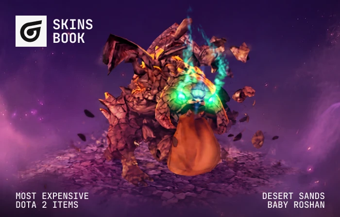 Desert Sands Baby Roshan courier with exclusive sand particle effects from the Siltbreaker campaign during The International 2017 Battle Pass, recognized as one of the rarest Dota 2 items and among the most expensive Dota 2 skins, valued between $2,000 and $14,000 by collectors.