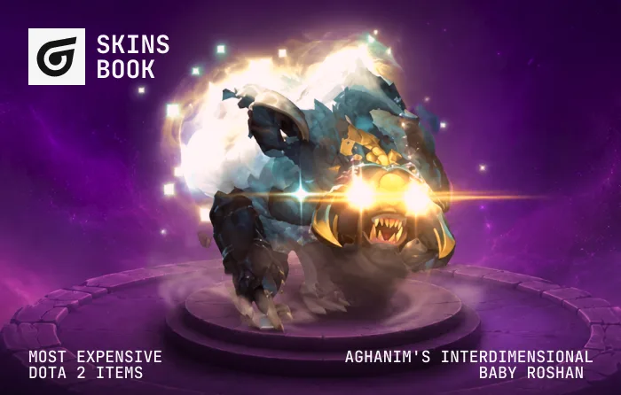 Aghanim’s Interdimensional Baby Roshan courier, one of the rarest Dota 2 items and a contender for the most expensive Dota 2 skin, featuring a glowing purple-blue cosmic design earned exclusively through Aghanim’s Labyrinth event rewards, with a Dota 2 most expensive item price ranging from $900 to $6,000.