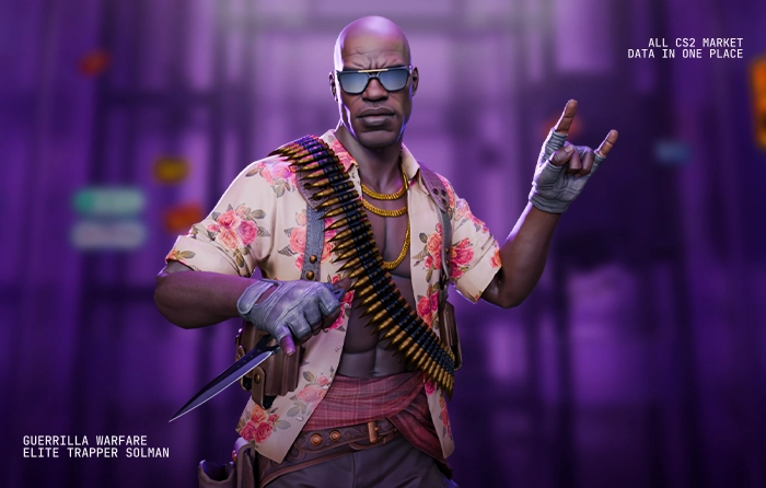 Elite Trapper Solman | Guerrilla Warfare CS2 operator skin featuring a rugged survivalist look with a tropical shirt, tactical gear, and signature sandals. This distinctive T-side agent stands out among CS2 terrorist skins and CS2 agent skins thanks to his big-game hunter aesthetic and unconventional appearance. Popular with players searching for unique CS2 operators, terrorist agents CS2, and memorable counter strike operator skins, Elite Trapper Solman combines jungle warfare styling with detailed character modeling, making him one of the most recognizable and best CS2 operator skins for players who want a truly standout T-side agent.