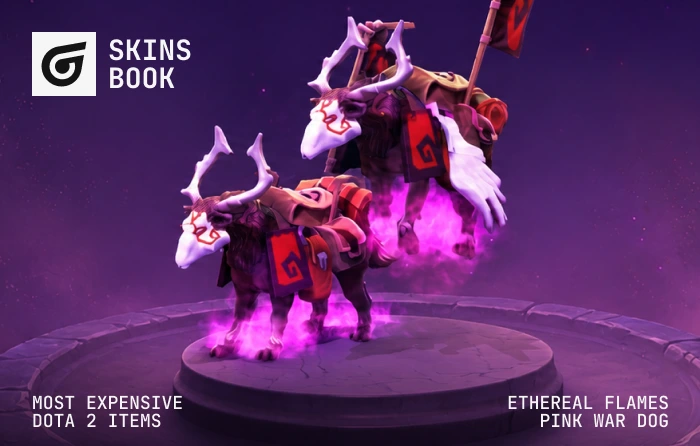Legacy Ethereal Flame Pink War Dog courier, widely regarded as the most expensive Dota 2 item ever sold, featuring a one-of-a-kind Legacy pink color and bright Ethereal Flame effect, with a value starting at $38,000 that makes it one of the rarest collectibles in Dota 2.