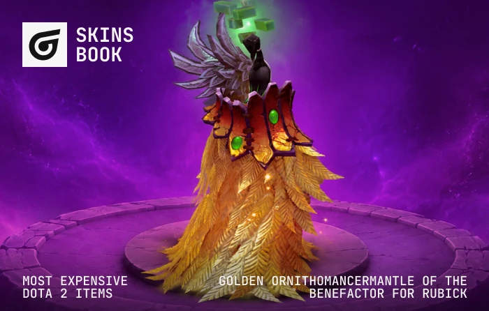 Golden Mantle of the Cinder Baron for Rubick, a prestigious golden cosmetic with glowing shoulder effects, considered one of the most expensive Dota 2 skins thanks to its limited availability and collector appeal, valued between $600 and $1,500.