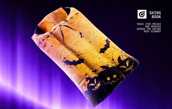 Horror Bag Rust skin for the Sleeping Bag, released on October 29, 2015. This rare deployable skin features a Halloween-inspired design with pumpkins, bats, and dark, spooky artwork in aged, eerie colors. Valued between $707.83 and $1,136.00, the Horror Bag is one of the most expensive Rust sleeping bag skins, prized by collectors for its early release date, limited availability, and distinctive horror-themed appearance.