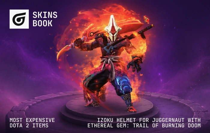 Izoku Helmet for Juggernaut enhanced with the Trail of Burning Doom Ethereal Gem, creating a fiery visual effect that makes this custom cosmetic one of the most expensive Dota 2 items, with collector prices ranging from $4,000 to $20,000.