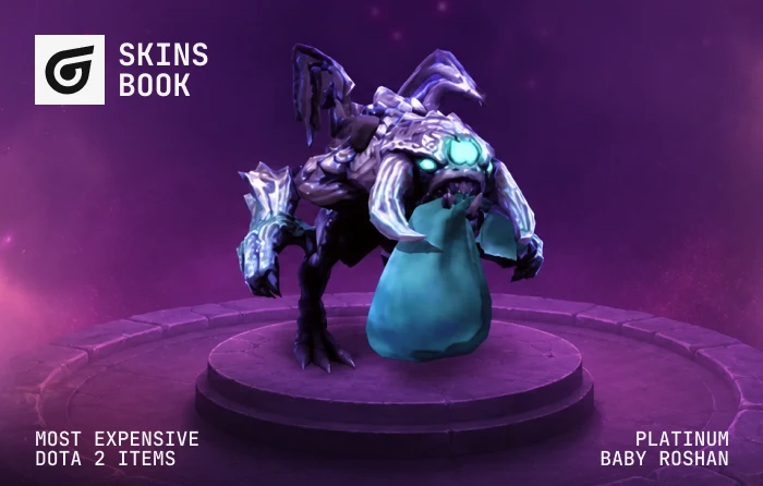 Platinum Baby Roshan courier with a distinctive silver-platinum finish, recognized as one of the rarest Dota 2 items thanks to its limited-time event availability, making it a sought-after collector's cosmetic valued between $800 and $4,000.