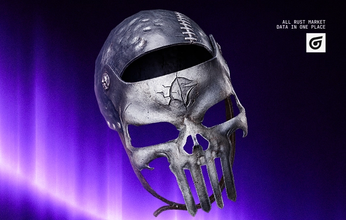 Punishment Mask Rust skin for the Metal Facemask, released on November 24, 2016. This rare Rust item features a grim skull-faced design with a dark metal finish, creating an intimidating post-apocalyptic look. Often regarded as the most expensive Rust skin, the Punishment Mask is valued between $1,660.38 and $2,090.74 due to its discontinued availability, limited market supply, strong collector demand, and status as one of the rarest and most sought-after Rust skins.
