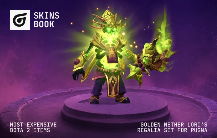Golden Nether Lord’s Regalia for Pugna, an ultra-rare golden hero set with only 25 copies released through Trust of the Benefactor 2016, regarded as one of the rarest Dota 2 skins and valued between $1,500 and $16,000 by collectors.