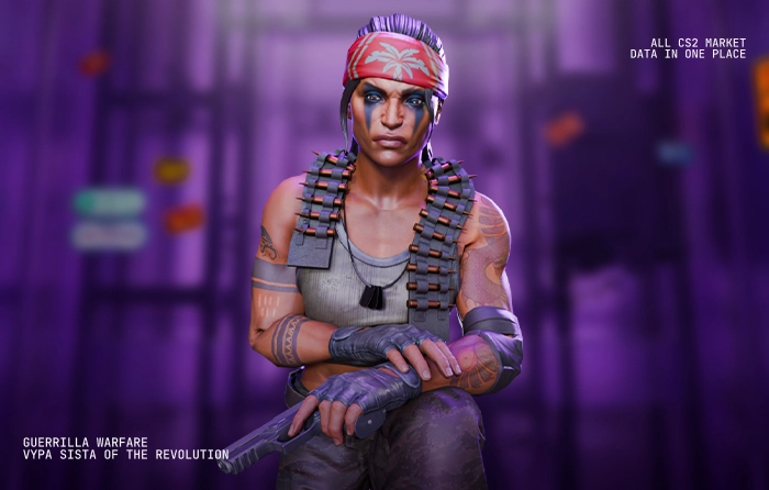 Vypa Sista of the Revolution | Guerrilla Warfare CS2 operator skin featuring a rare female T-side agent wearing jungle camouflage, tactical gear, and detailed combat equipment. As one of the few female CS2 agents available, she stands out among CS2 terrorist skins and terrorist agents CS2 with her distinctive silhouette and elite military-inspired appearance. Popular among players searching for the best CS2 operator skins, CS2 agent skins, and unique T-side agent skins, Vypa Sista combines rugged guerrilla warfare aesthetics with exceptional model detail, making her one of the most recognizable and sought-after operator skins in Counter-Strike 2.