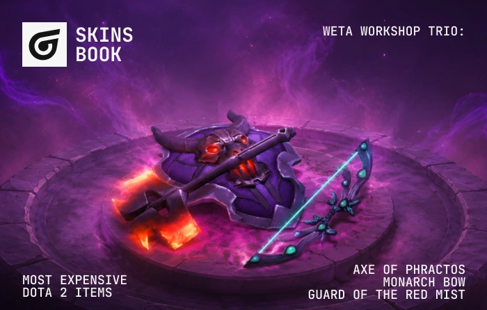 WETA Workshop collectible weapon skins featuring Axe of Phractos for Axe, Monarch Bow for Drow Ranger, and Guard of the Red Mist for Sven, a limited-edition trio of rare Dota 2 skins released through physical merchandise promotions, with values ranging from $100 to $1,200.