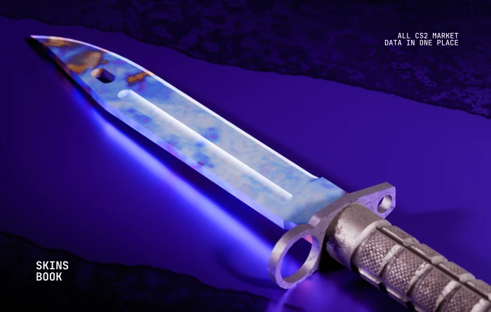 Bayonet Case Hardened Blue Gem knife in CS2, released with The Arms Deal update on August 14, 2013. This Case Hardened knife features randomized blue, purple, and gold patterns across its long blade, with Pattern #555 recognized as the best Bayonet Blue Gem thanks to its extensive blue coverage and high collector value.