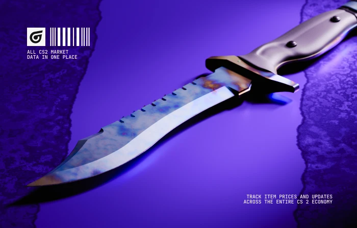 Bowie Knife Case Hardened Blue Gem in CS2, released with the Operation Wildfire update on February 17, 2016. This Case Hardened knife from the Operation Wildfire Case features randomized blue, purple, and gold patterns across its large blade, with high-blue pattern seeds highly sought after by collectors for their striking Blue Gem appearance.