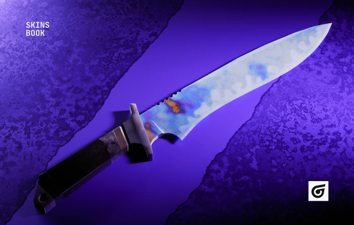 Classic Knife Case Hardened Blue Gem in CS2, released with the CS20 Case Skins update on October 18, 2019. This Case Hardened knife from the CS20 Case features randomized blue, purple, and gold patterns across its blade, with high-blue pattern seeds prized by collectors for combining the classic Counter-Strike knife design with the rare Blue Gem finish.