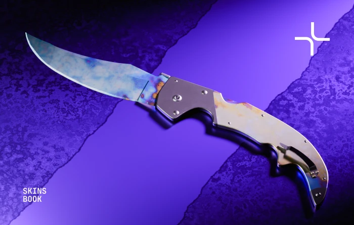 Falchion Knife Case Hardened Blue Gem in CS2, released with the Operation Bloodhound update on May 26, 2015. This Case Hardened knife from the Falchion Case features randomized blue, purple, and gold patterns across its distinctive blade, with Pattern #494 recognized as the best Falchion Knife Blue Gem thanks to its exceptional blue coverage on both the playside and backside.