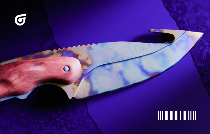Gut Knife Case Hardened Blue Gem in CS2, released with The Arms Deal update on August 14, 2013. This Case Hardened knife features randomized blue, purple, and gold patterns across its distinctive hook-shaped blade, with high-blue pattern seeds valued by collectors seeking an affordable and unique Blue Gem knife.