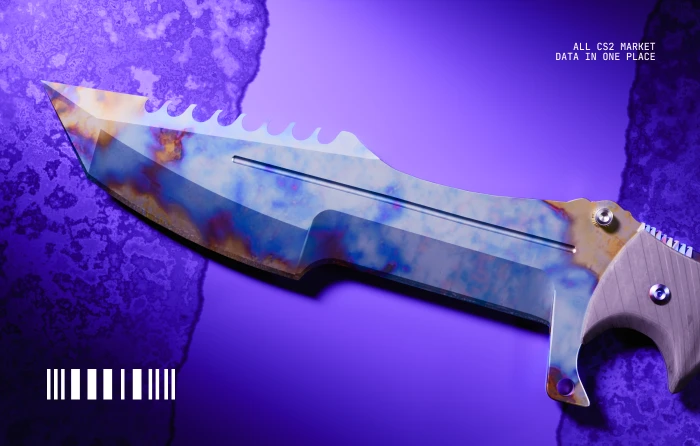 Huntsman Knife Case Hardened Blue Gem in CS2, released with The Hunt Begins update on May 1, 2014. This Case Hardened knife from the Huntsman Weapon Case features randomized blue, purple, and gold patterns across its wide blade, with high-blue pattern seeds highly valued by collectors seeking an affordable Blue Gem knife.