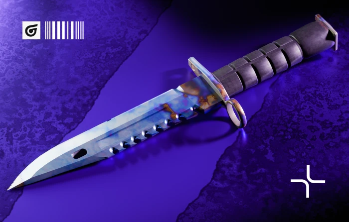 M9 Bayonet Case Hardened Blue Gem knife in CS2, released with The Arms Deal update on August 14, 2013. This iconic Case Hardened knife features a large blade with randomized blue, purple, and gold patterns, while Pattern #601 is the most sought-after M9 Bayonet Blue Gem thanks to its exceptional blue playside coverage and high collector value.
