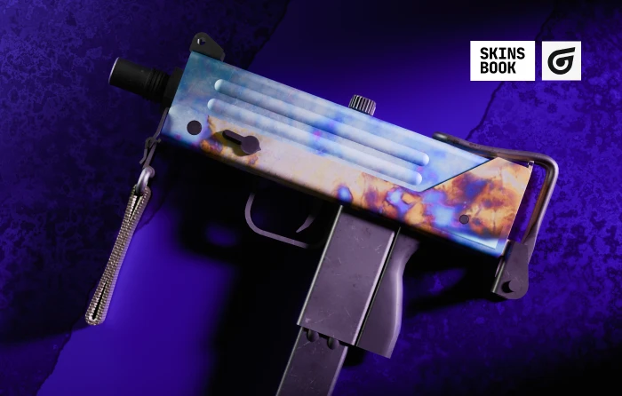 MAC-10 Case Hardened Blue Gem in CS2, released with the Operation Riptide update on September 21, 2021. This Restricted SMG skin from The 2021 Dust 2 Collection features a Case Hardened finish with randomized blue, purple, and gold patterns across the receiver, while the grip and magazine remain unpainted, making it an affordable Blue Gem skin for collectors.