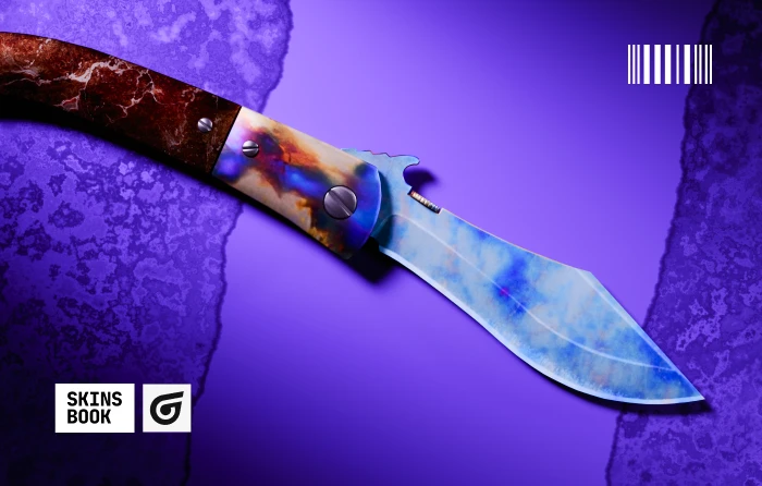 Navaja Knife Case Hardened Blue Gem in CS2, released with the A New Horizon update on August 1, 2018. This Case Hardened knife from the Horizon and Danger Zone Cases features randomized blue, purple, and gold patterns across its compact blade, with high-blue pattern seeds offering an affordable entry into the Blue Gem knife market for collectors.