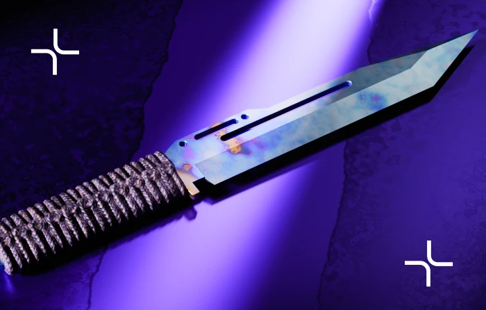 Paracord Knife Case Hardened Blue Gem in CS2, released with the Operation Shattered Web update on November 18, 2019. This Case Hardened knife from the Shattered Web and Fracture Cases features randomized blue, purple, and gold patterns across its blade, with high-blue pattern seeds offering an affordable Blue Gem option and added collector value.