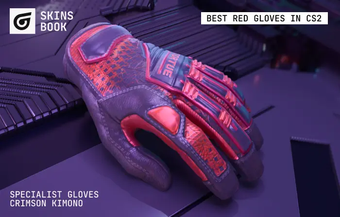 Specialist Gloves | Crimson Kimono, one of the best red gloves CS2 players can own, featuring deep red and black kimono-patterned fabric with a high-red pattern seed. These iconic red and black gloves are among the most valuable red CS2 (CS:GO) gloves, with extensive crimson coverage that pairs perfectly with premium red-themed loadouts.