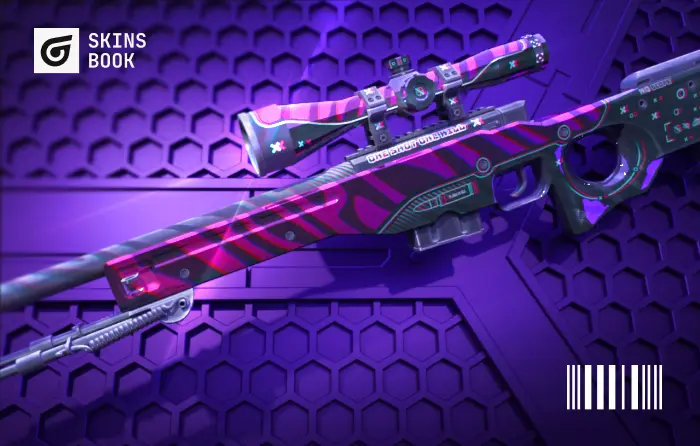 AWP Chromatic Aberration Covert skin in CS2 (CS:GO), released July 1, 2022 in the Recoil Case, priced ~$26.55–$73.13 with 0.00–0.70 float, featuring deep purple colors and glitch-style black striping; one of the three cheapest Covert AWP skins and a value Red-tier sniper.