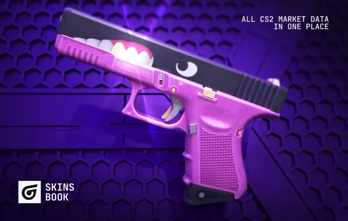 Glock-18 Gold Toof Covert skin in CS2 (CS:GO), released October 2, 2024 in the Gallery Case, priced ~$28.27–$227 with 0.00–0.73 float, featuring madpoly’s Gunsmith design with a moody purple tint and grinning gold-toothed beast; a character-rich budget Red-tier pistol skin in CS2.