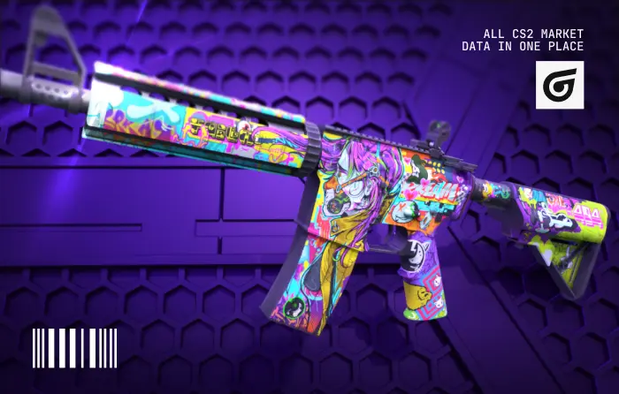 M4A4 In Living Color Covert skin in CS2 (CS:GO), released May 3, 2021 in the Snakebite Case, priced ~$26.57–$105.00 with 0.00–0.79 float, featuring neon graffiti, hand-drawn doodles and a purple-haired masked girl; one of the cheap red skins in CS2, currently used by 32 professional players.