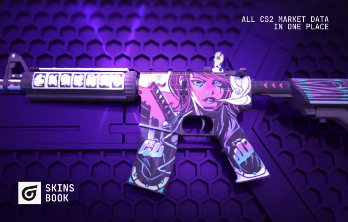 M4A4 Neo-Noir Covert skin in CS2 (CS:GO), released February 14, 2018 in the Clutch Case, priced ~$27.00–$113.01 with 0.00–0.90 float, featuring donschi and Blazer’s comic-noir artwork of a sword-wielding heroine exhaling smoke against a neon pink, purple and blue cityscape; an iconic, highly liquid and affordable red rarity M4A4 skin.