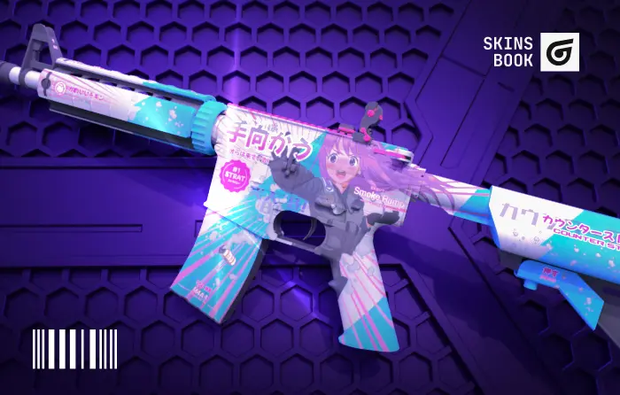 M4A4 Temukau Covert skin in CS2 (CS:GO), released February 9, 2023 in the Revolution Case, priced ~$25.71–$113.52 with 0.00–0.80 float, featuring f0rnez’s anime-style artwork of a female CT agent fighting a T-side rush in saturated manga colors; one of the cheapest red skins and most popular M4A4 skins in CS2.
