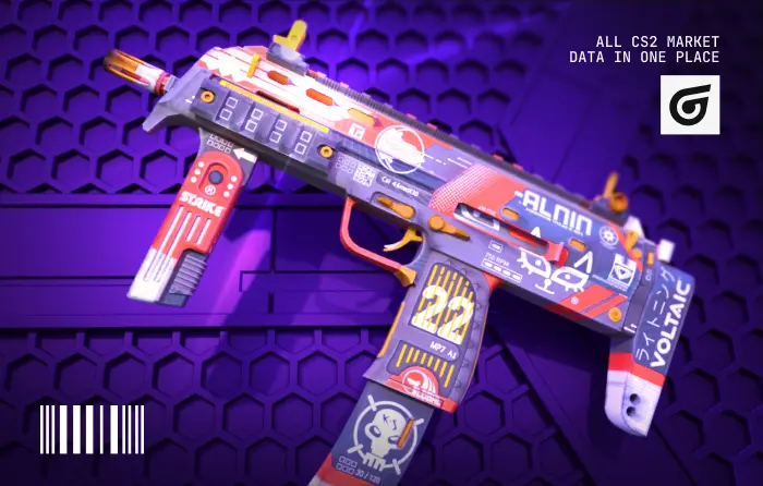 MP7 Bloodsport Covert skin in CS2 (CS:GO), released February 14, 2018 in the Clutch Case, priced ~$27.00–$75.00 with 0.00–0.65 float, featuring SLIMEface’s red, black and white motorsport livery with sponsor-style logos; one of the cheap red skins in CS2 and the cheapest entry into the Bloodsport family.