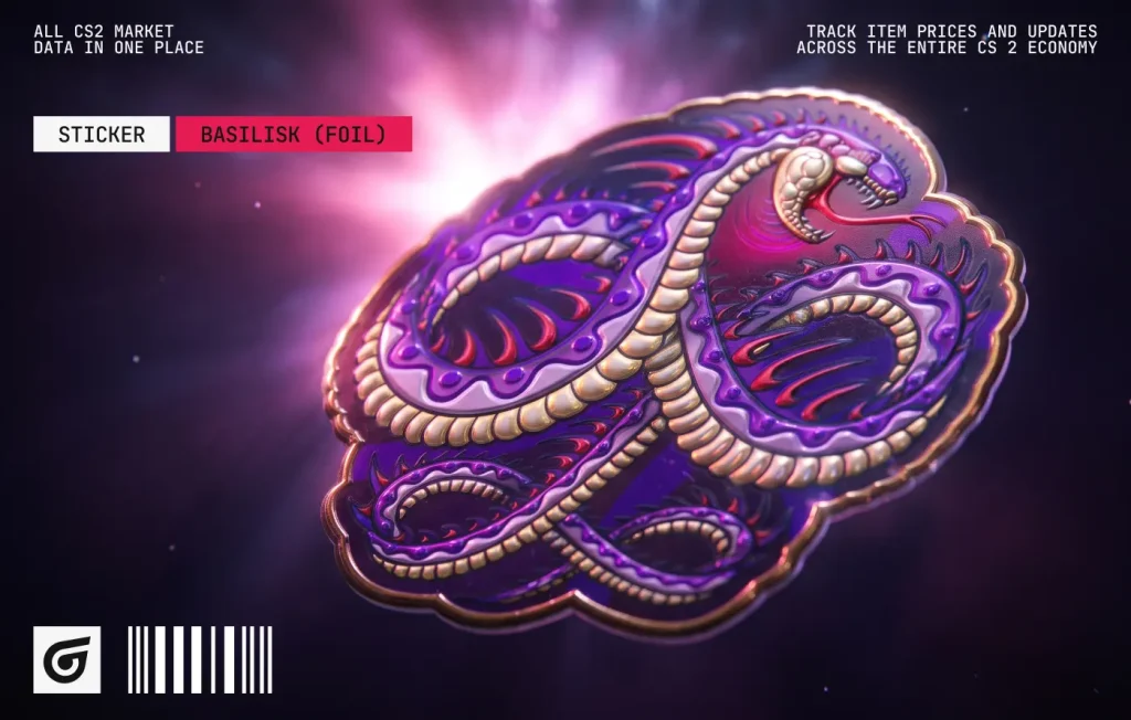 Designed by apel8 and released in 2016, Basilisk (Foil) features a menacing purple serpent with a metallic finish. Priced at $5.70–$6.80, it remains one of the best-value purple foil stickers CS2 players can use for striking weapon crafts.