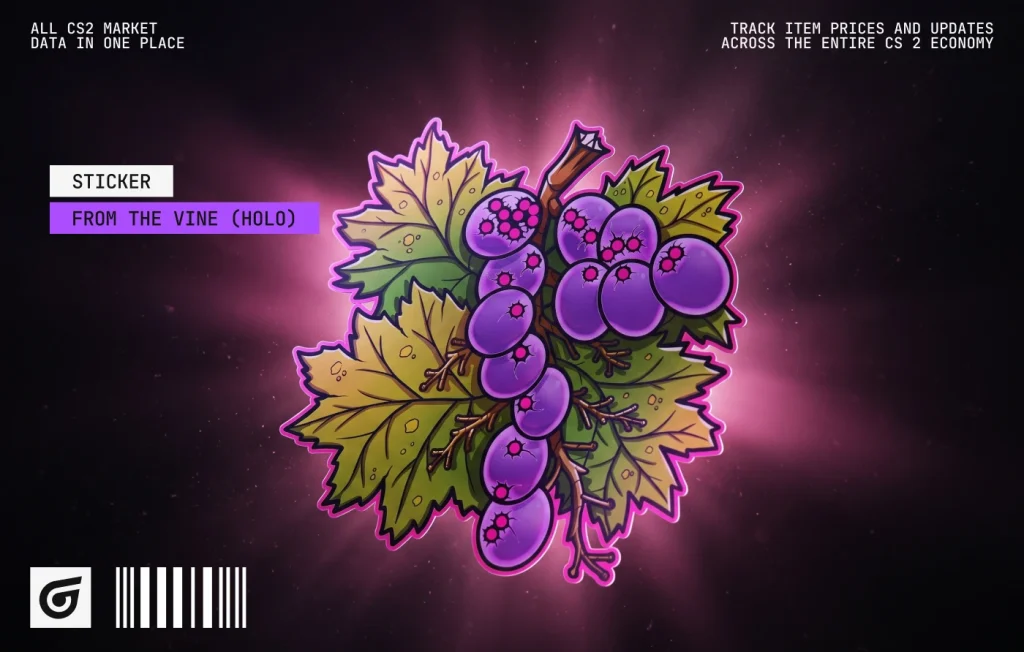 Released by Valve on July 8, 2026, From the Vine (Holo) features purple grapes with a colorful holographic effect. At $0.16–$0.26, it is one of the best cheap purple holo stickers CS2 players can use to add shine to a budget craft.