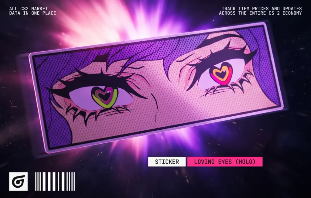 Designed by tsiceca and released on February 6, 2024, the Loving Eyes (Holo) Sticker features anime-style eyes that shift from purple to pink. Priced at $4.10–$5.15, it is one of the best purple holo stickers CS2 players can use for Neo-Noir loadouts.