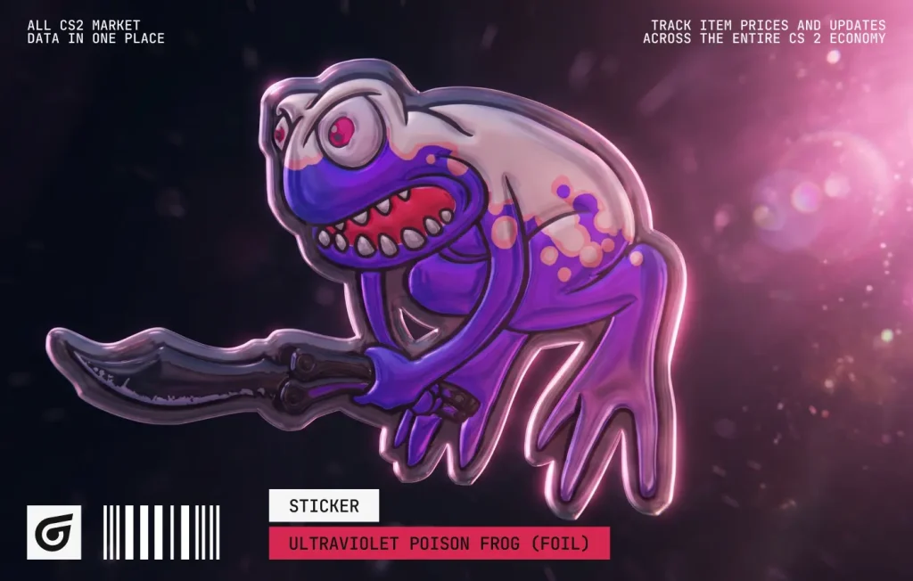 Released by Valve during Operation Riptide, Ultraviolet Poison Frog (Foil) is a metallic centerpiece for premium purple crafts. Priced at $26–$40, it is one of the best purple foil stickers CS2 players can combine with the AWP | Chromatic Aberration, Glock-18 | Vogue, or USP-S | Cortex.