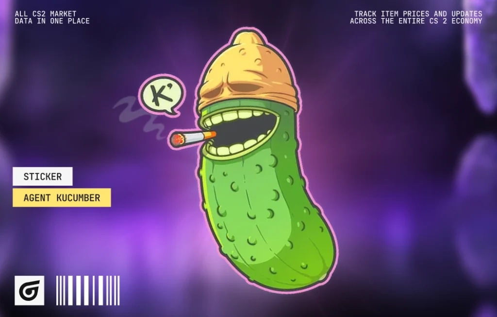 Agent Kucumber by TheDanidem, a humorous cucumber agent among green CS2 stickers. Released July 8, 2026, this High Grade paper sticker from the Fruits And Veggies Sticker Collection has no tournament affiliation and costs $0.04–$0.21. A comedy pick for CS2 (CS:GO) green stickers, suitable for four-sticker crafts on Glock-18 Nuclear Garden, Galil AR Eco, and Tec-9 Bamboo Forest.