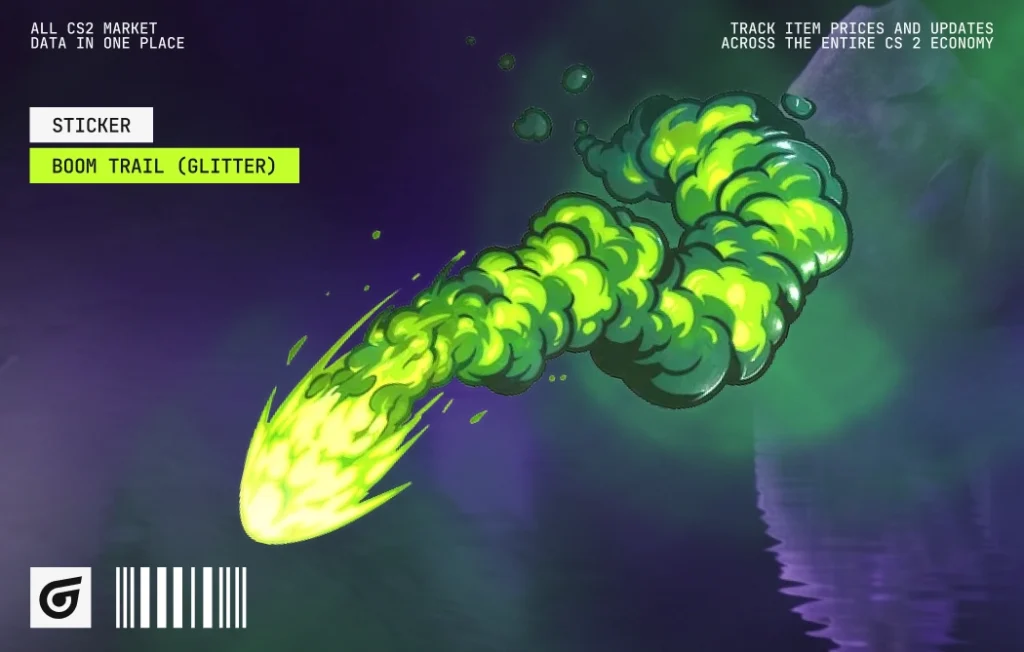 Boom Trail (Glitter) green CS2 sticker by Valve, featuring a blazing green explosion trail with glitter sparkles that stand out on dark rifles. Released October 2, 2024, this Remarkable sticker comes from the Elemental Craft Sticker Pack, has no tournament affiliation, and costs $0.15–$0.55. Suggested CS2 skin combinations include AK-47 Emerald Pinstripe, Glock-18 Nuclear Garden, and AWP Atheris.