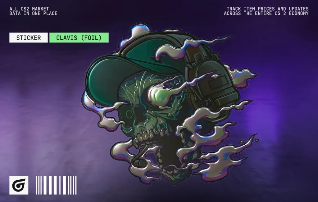 Clavis (Foil) by Guardian Gear, featuring sleek metallic character art in deep green for fans of green foil stickers in CS2. Released October 1, 2025, this Exotic foil sticker from the Sugarface 2 Sticker Collection has no tournament affiliation and costs $1.55–$2.47. Suggested skin combinations include AK-47 Emerald Pinstripe, AWP Atheris, and Glock-18 Nuclear Garden.