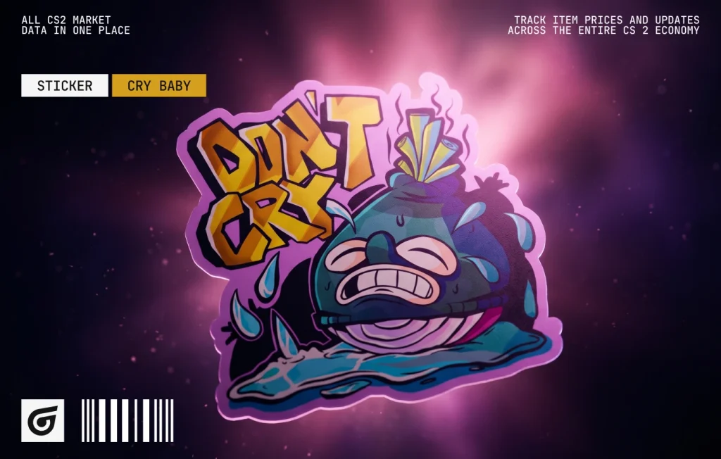 Designed by klen and released on July 8, 2026, the Cry Baby sticker features a teary purple cartoon face. At just $0.01–$0.03, it ranks among the best cheap purple stickers CS2 players can use for colorful, low-cost crafts.