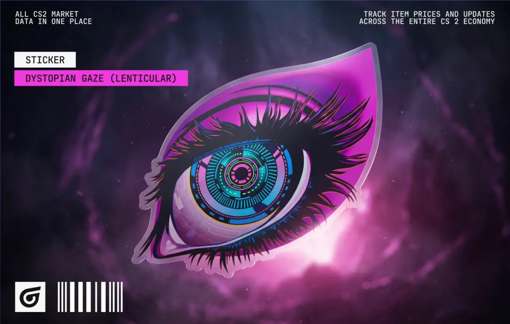 Designed by oKeyush and released on February 6, 2024, Dystopian Gaze (Lenticular) features a hypnotic cyberpunk eye that follows your movement. Priced at $16.80–$21.30, it is one of the premium modern CS2 purple stickers, though still far from the most expensive CS2 skins.