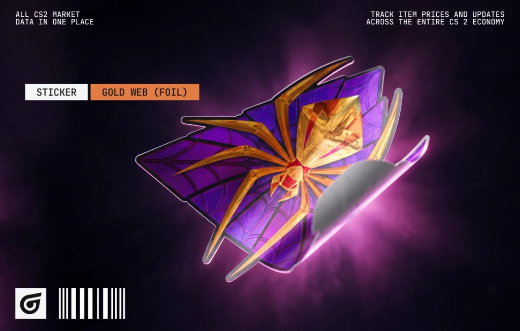 Released by Valve on November 18, 2019, Gold Web (Foil) features purple-and-gold metallic threads that catch the light. Priced at $4.40–$5.40, it is one of the most refined purple foil stickers CS2 players can use to give affordable skins a premium look.