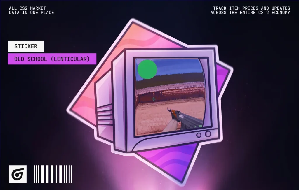 Released on February 6, 2024, Sticker | Old School is an Extraordinary lenticular design by kenN from the Ambush Sticker Capsule. Its retro animation and purple glow make it one of the best purple stickers CS2 players can pair with AK-47 | Cartel, UMP-45 | Wild Child, or Glock-18 | Wasteland Rebel. It costs around $4.70–$7.40.