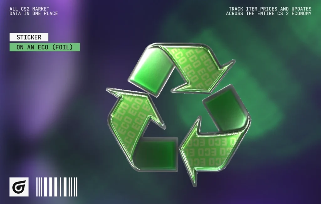 On An Eco (Foil) by graphs, a metallic green sticker with an eco-round joke for fans of green foil stickers in CS2. Released February 6, 2024, this Exotic foil sticker from the Ambush Sticker Capsule has no tournament affiliation and costs $1.81–$3.60. Suggested skin combinations include Galil AR Eco to complement the wordplay, Tec-9 Bamboo Forest, and MAC-10 Neon Rider.