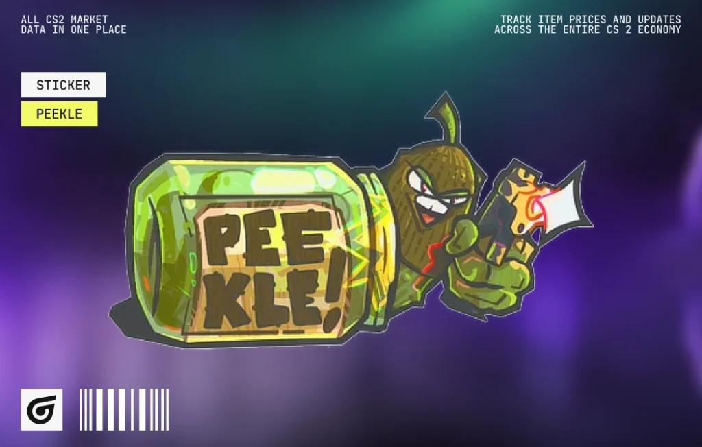 Peekle by danz, featuring a masked green pickle popping out of a jar beneath a PEEKLE! label, a visual peek pun for fans of cheap green CS2 stickers and meme crafts. Released July 8, 2026, this High Grade paper sticker from the Fruits And Veggies Sticker Collection has no tournament affiliation and costs $0.01–$0.04. Suggested skin combinations include Glock-18 Nuclear Garden, Galil AR Eco, and USP-S Cortex