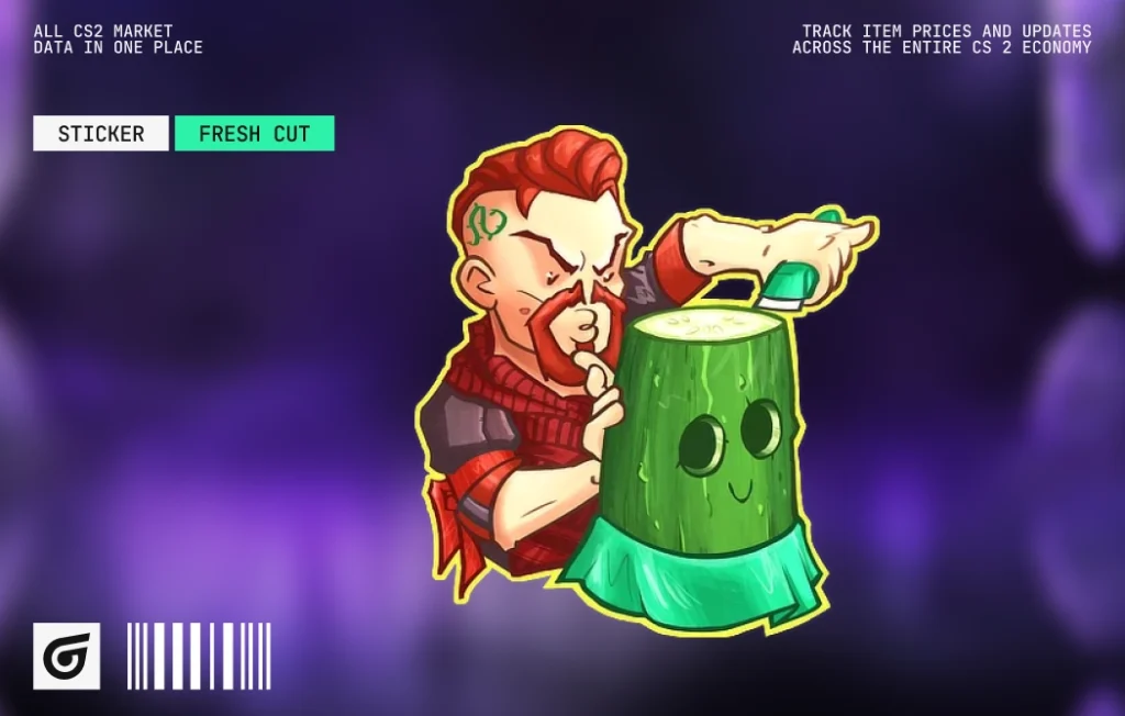 Fresh Cut by Hom3land3r, featuring freshly sliced cucumber pieces for fans of cheap green CS2 stickers and veggie-themed loadouts. Released July 8, 2026, this High Grade paper sticker from the Fruits And Veggies Sticker Collection has no tournament affiliation and costs $0.01–$0.04. Suggested skin combinations include Tec-9 Bamboo Forest, Glock-18 Nuclear Garden for a stacked salad-themed craft, and Galil AR Eco.