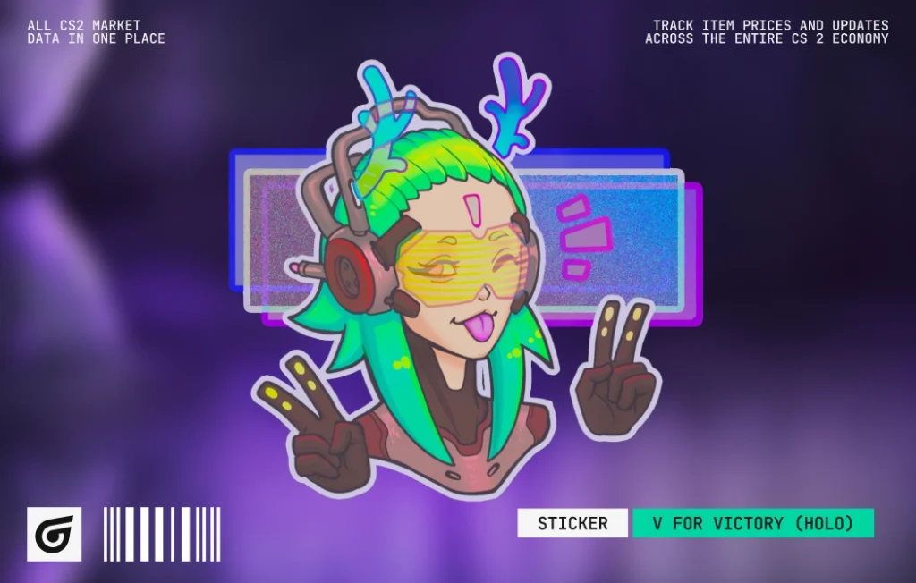 V For Victory (Holo) by b3d, featuring a green-haired anime girl flashing victory signs with a neon holographic glow for fans of CS2 green holo stickers. Released February 1, 2022, this Remarkable sticker from The Boardroom Sticker Capsule has no tournament affiliation and costs $4.41–$5.47. Suggested skin combinations include AK-47 Neon Rider, M4A4 In Living Color, and M4A4 Temukau.