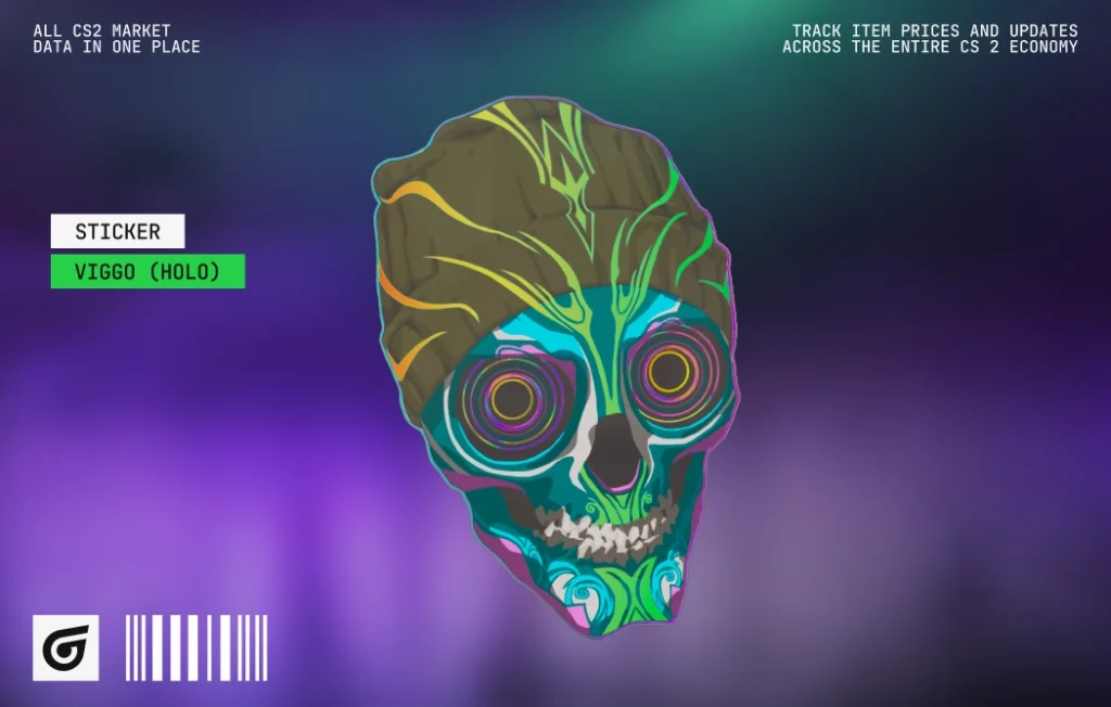 Viggo (Holo) by Guardian Gear, a goofy green mascot with a holographic finish for fans of CS2 green holo stickers and reptile-themed crafts. Released September 29, 2016, this Remarkable sticker from the Sugarface Capsule has no tournament affiliation and costs $1.34–$1.68. Suggested skin combinations include Desert Eagle Emerald Jörmungandr, P90 Emerald Dragon, and M4A1-S Emphorosaur-S.