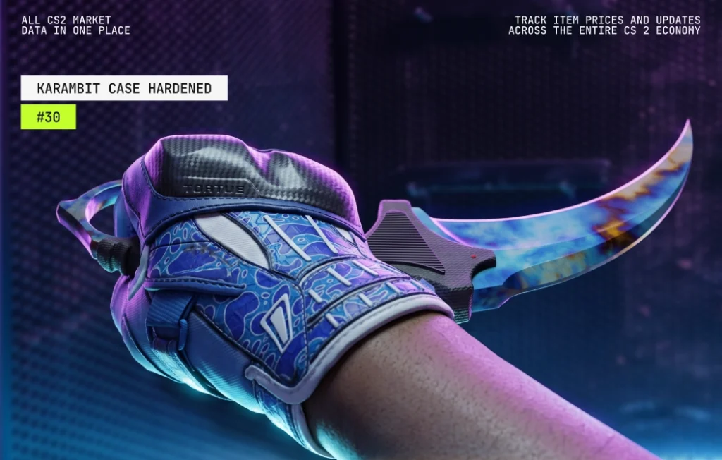 Karambit Case Hardened Blue Gem seed #30, a Tier 3 pattern with roughly 76% playside blue coverage recorded by community tracking tools, offering a strong mid-range option at a lower price.